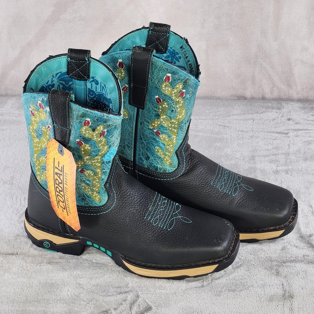 Corral Boots Womens 8M Black Turquoise Cactus Embroidered Western Square Toe